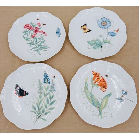 4 Lenox BUTTERFLY MEADOW Porcelain Salad Luncheon Plates 9" Scalloped Edge - Picture 1 of 10
